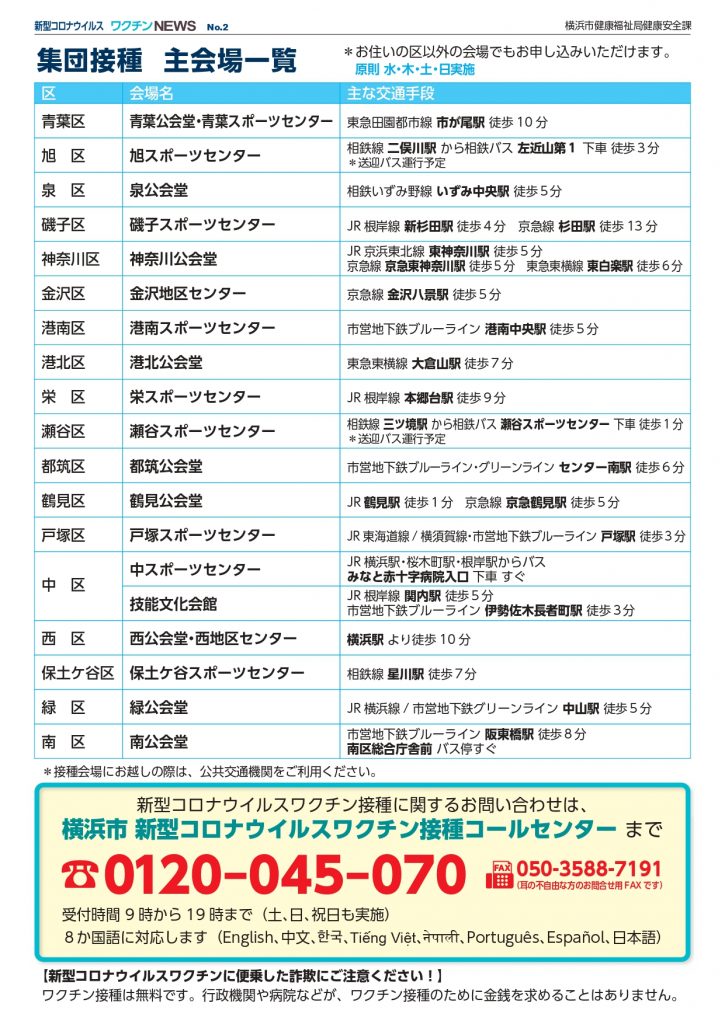 5月3日開始 横浜市 新型コロナウイルスワクチン接種の予約方法 希望が丘 やまぐち呼吸器内科 皮膚科クリニック